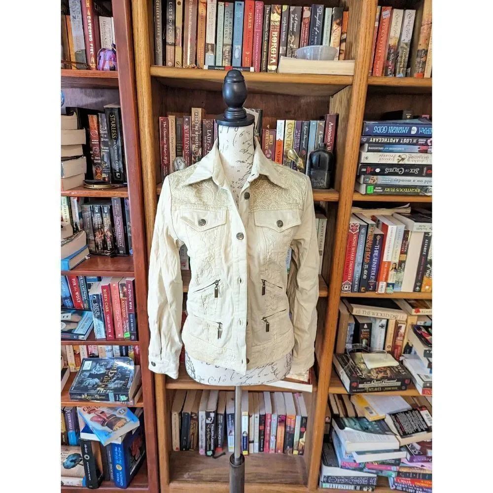 just cavalli cream/gold 6 pocket denim jacket button front sparkly back sz s nwt